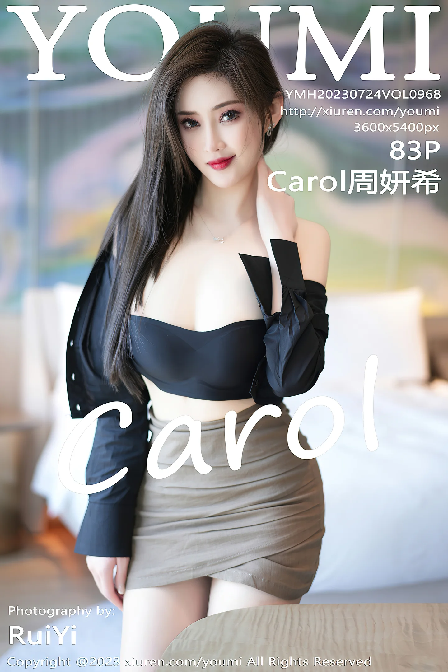 [YouMi尤蜜荟]Vol.968_女神Carol周妍希性感黑衬衫配驼色短裙露黑色内衣完美诱惑写真83P-秀人网 - XiuRen.Space